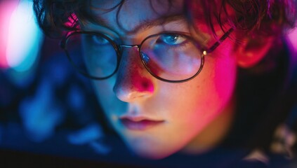Closeup Portrait Teenager Glasses Neon Lighting