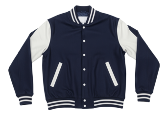 Stylish blue and white varsity jacket front view isolated on a PNG background, varsity jacket, baseball jacket, bomber jacket, fashion, clothing, apparel, uniform, sportswear, college, university, s