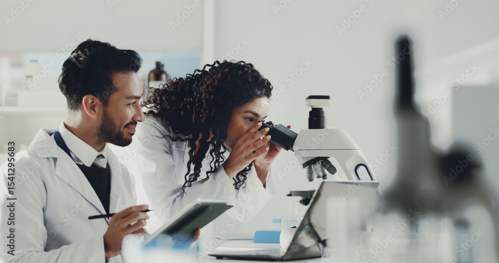 Poster scientist, team and tablet with microscope in lab for medical research, dna testing and experiment. 