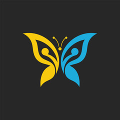 Minimalist butterfly logo featuring yellow and blue human profiles. A modern, symbolic design using negative space to represent harmony, duality, and balance.