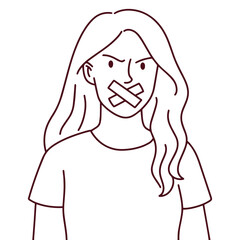 Monochrome line drawing of woman with taped mouth and angry eyes. Represents silencing, injustice, and emotional protest