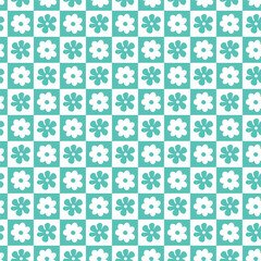 Seamless square floral pattern with white tiles on turquoise background, clean retro geometric layout