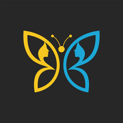 Minimalist butterfly logo featuring yellow and blue human profiles. A modern, symbolic design using negative space to represent harmony, duality, and balance.
