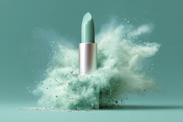 A green lipstick is surrounded by a cloud of powder. Concept of playfulness and fun, as the lipstick appears to be caught in a playful explosion of powder