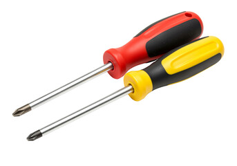 Two screwdrivers with red and yellow handles on a PNG background for diy projects, screwdriver, tools, repair, construction, equipment, hand tool, hardware, diy, maintenance, work, project, isolated