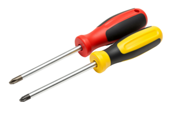 Two screwdrivers with red and yellow handles on a PNG background for diy projects, screwdriver, tools, repair, construction, equipment, hand tool, hardware, diy, maintenance, work, project, isolated