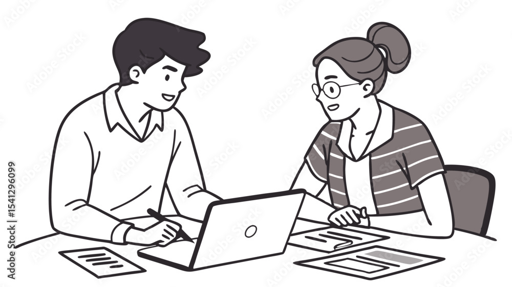 Poster two colleagues collaborating on a project using a laptop and documents at a desk in a modern office 