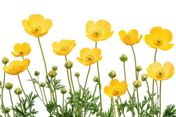 High-resolution yellow buttercup flowers PNG cutout with transparent background for versatile botanical designs, floral overlays, wedding invitations, greeting cards, and digital graphic projects