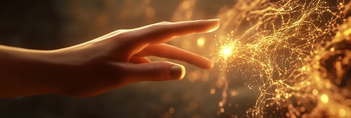 Hand Reaching Golden Energy Network Innovation Technology Concept