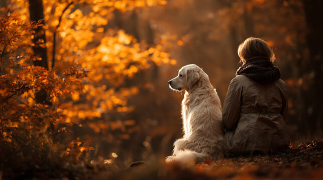 Golden retriever sits by woman in autumn park, sharing a quiet moment of companionship. - Powered by Adobe