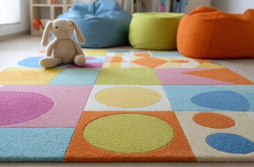 Colorful Children's Room with Playful Rug, Beanbags, and Stuffed Bunny Toy