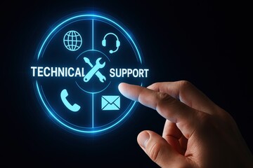Hand Touching Glowing Technical Support Circle with Service Icons for Global Assistance and Communication Solutions