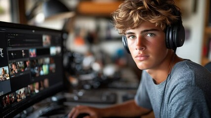 Teenager Video Editor Working on Computer.
