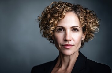 Confident Woman with Curly Hair and Black Blazer Against a Grey Background