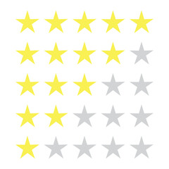 Yellow five star rating vector icon set for review feedback, product review, quality mark, success symbol etc.