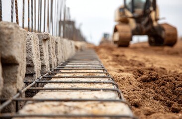 Construction Site Detail: Rebar Grid and Stone Wall with Blurred Bulldozer