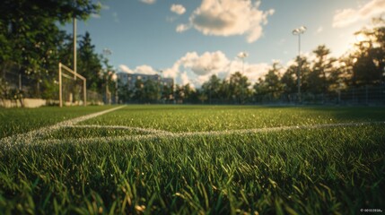Sunny Afternoon on a Soccer Field with Lush Green Grass and White Boundary Lines