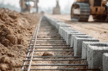 Construction Site Close-Up: Steel Rebar and Concrete Blocks Forming Foundation