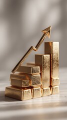 Golden bars arranged in ascending order with an arrow pointing upwards, symbolizing growth and prosperity.