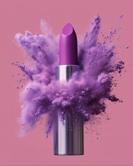 A purple lipstick is surrounded by a cloud of purple powder. Concept of playfulness and fun, as the lipstick appears to be exploding into a cloud of powder