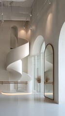 Modern Interior with Spiral Staircase and Arched Doorways