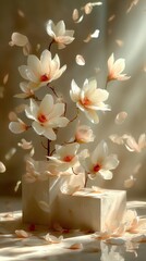 Elegant Magnolia Blossoms Arranged on Stacked Cubes with Petals Floating in Soft Light