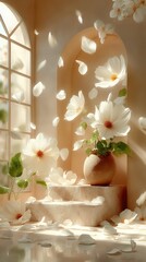 Elegant white flowers in a vase, surrounded by floating petals and soft sunlight streaming through a window.