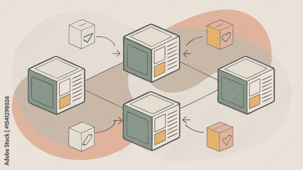 Poster isometric illustration of interconnected cube structures with arrow connections and small cubes
