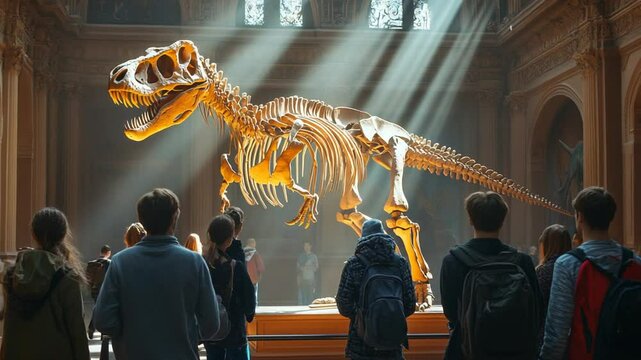 TRex Skeleton Museum Exhibit with Students, and Dinosaurs.