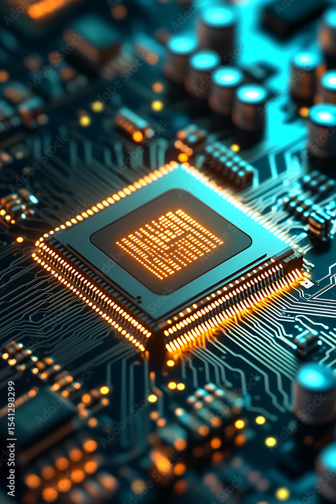 Poster close-up of a glowing microprocessor on a circuit board with intricate electronic components