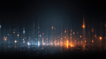 Abstract digital scene with glowing vertical lines and scattered lights against a dark background