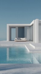Modern minimalist poolside area with a sleek white pergola and comfortable seating under a clear blue sky.