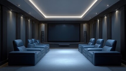 Fototapeta premium Elegant Home Theater with Cozy Blue Seating and Ambient Lighting