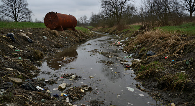 Polluted Ditch with Trash and Rusty Tank