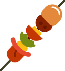 A grilled food skewer showing various meats like chicken, beef, and pork with white background