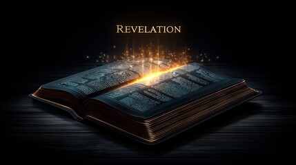 Open book glowing with light on dark wood