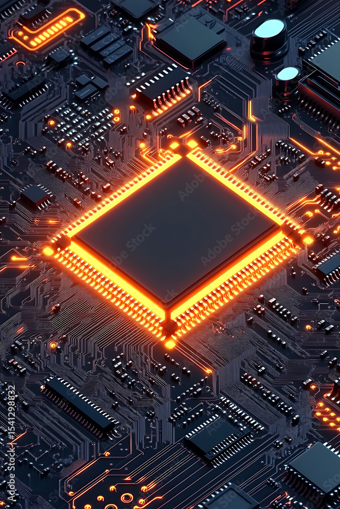 Poster close-up view of a glowing microchip on a circuit board, showcasing intricate electronic components