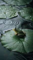 Frog sitting on a lily pad in a tranquil pond.