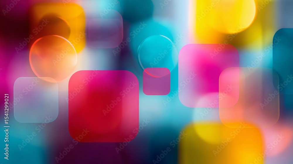 Poster abstract geometric composition featuring overlapping transparent circles and squares with soft,
