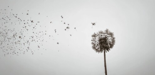Dandelion Seeds Blowing Away, Monochrome Image of Nature's Gentle Dispersal