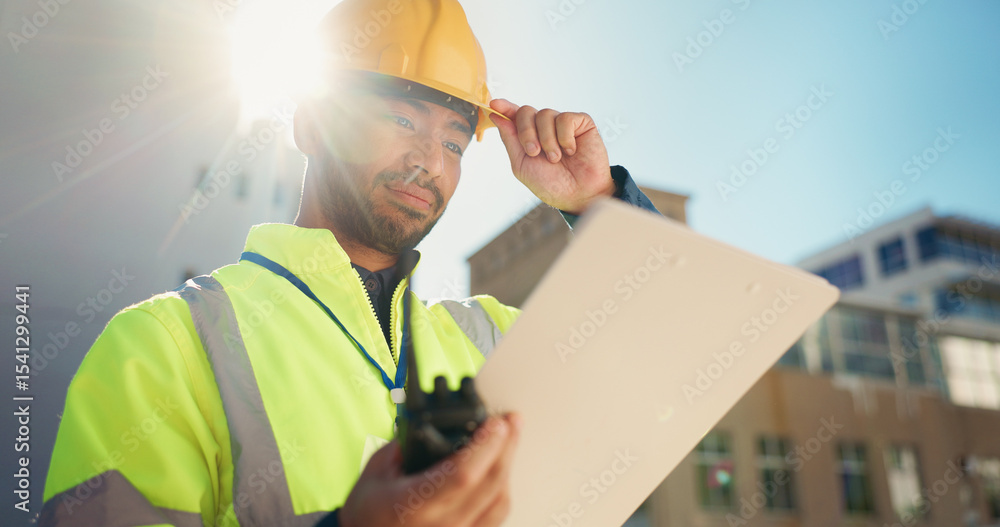 Poster outdoor, engineering and man with tablet, architecture and lens flare with online schedule. person, 