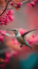 Fototapeta premium Colorful hummingbird in vibrant blooming flowers.