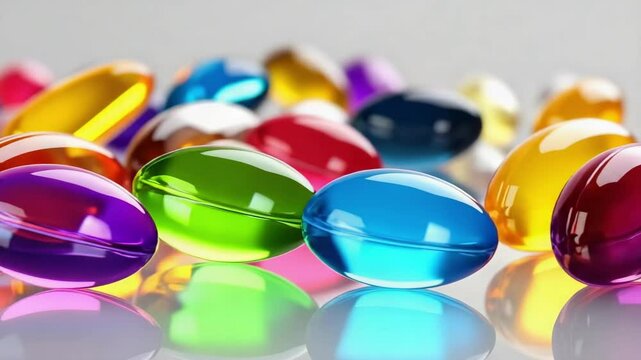 Colorful, glossy capsules scattered on a reflective surface, showcasing a variety of shapes and hues.
