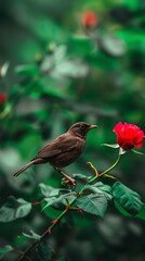 A brown bird perches on a rose branch with a vibrant red bloom against a backdrop of lush green foliage