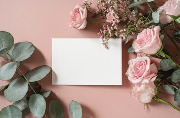Delicate Pink Roses and Eucalyptus on a Blush Pink Background