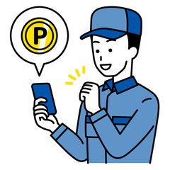 スマートフォンでポイントをゲットするつなぎ作業服の男性