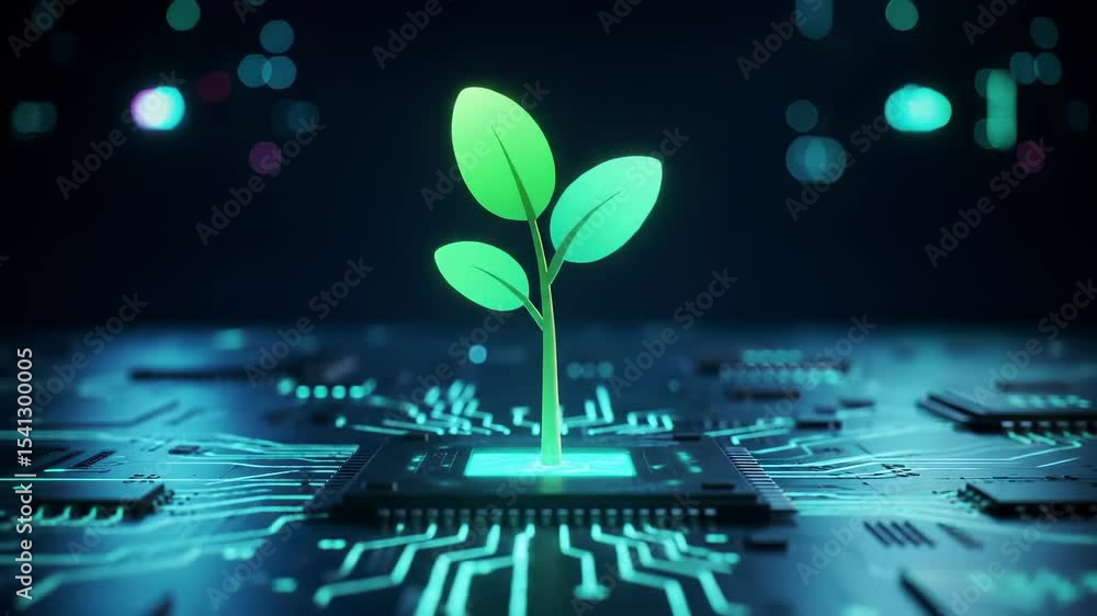 Poster futuristic innovation glowing green plant sprouting from microchip symbolizes fusion of technology a