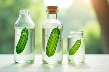 Playful illustration of cucumbers inside clear glass bottles