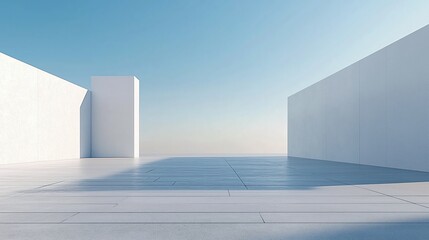 Obraz premium A Minimalist Architectural Concept Showcasing Pure White Square Walls and an Expansive Concrete Floor, With a Clear Blue Sky Background Creating a Tranquil and Modern Space Perfect for Architectural 