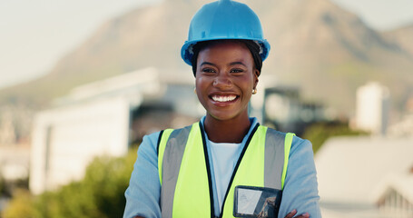 Smile, black woman and portrait of construction worker on site in city for building, renovation or...